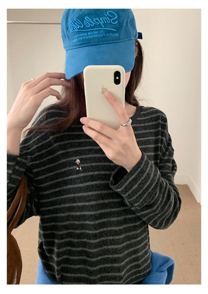 【H572】實拍復古磨毛刺繡條紋圓領T恤251021