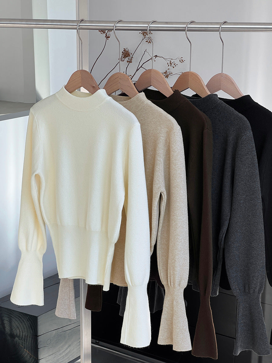 【cimz3012】實拍韓系氣質半高領喇叭袖收腰針織衫251201