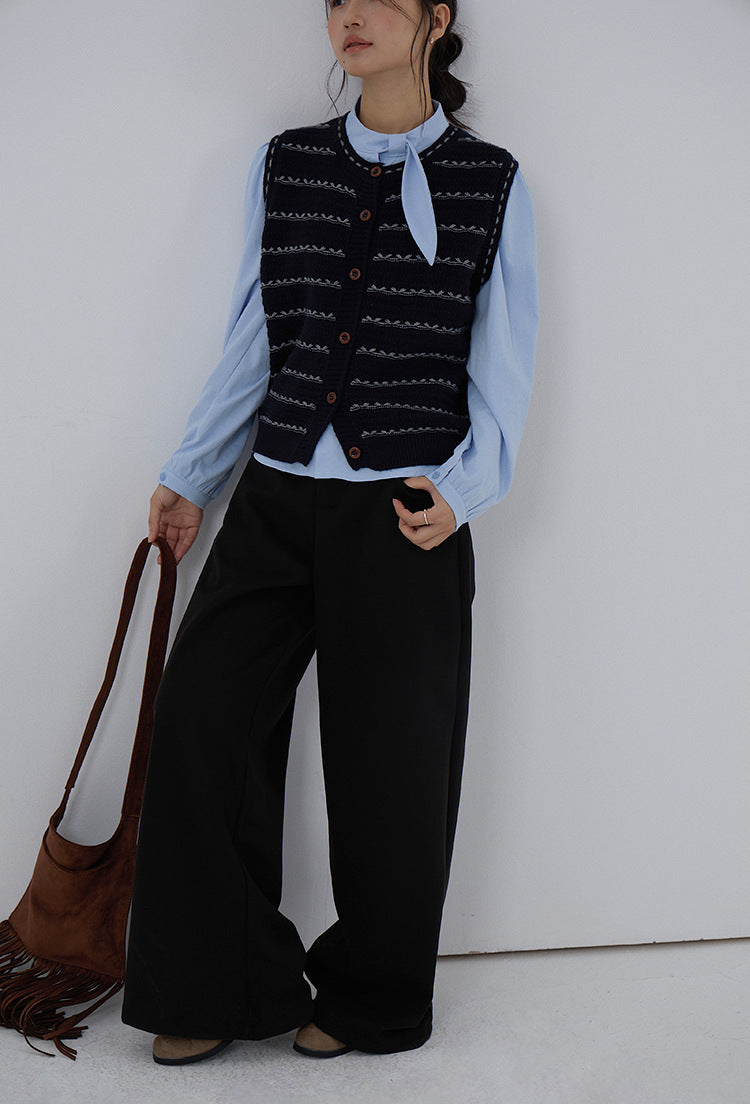 【LD3278】實拍小圓領長袖襯衫+條紋針織背心（分開下單）251103