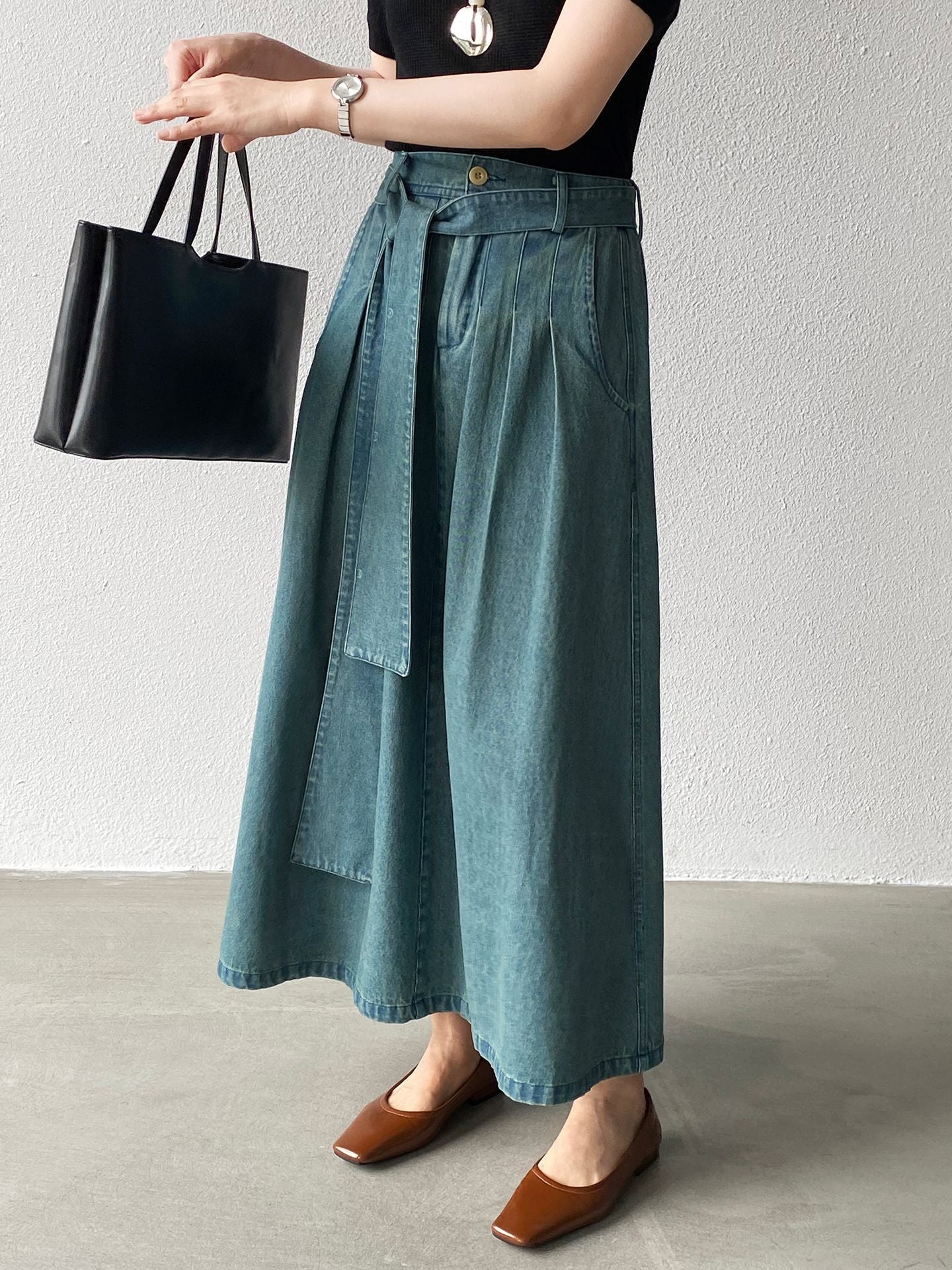 【cimz6517】實拍韓系簡約休閒風✨高腰顯瘦綁帶A字長版牛仔裙260409