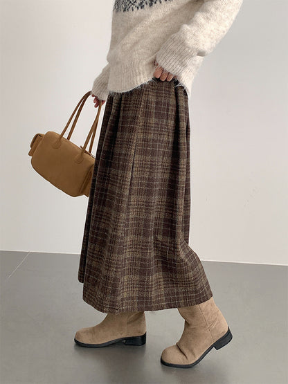 【LD11008】實拍復古毛呢格子高腰a字裙(左右有口袋）251110