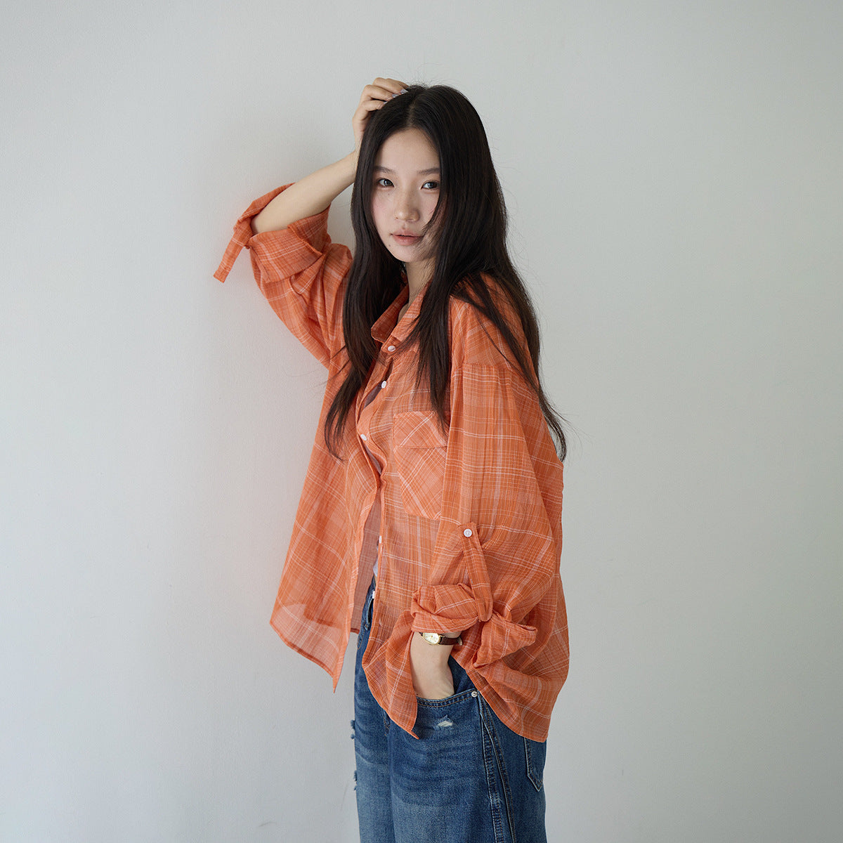 【LD11299】夏日活力維他命🍊薄款桔色格子防曬襯衫260714