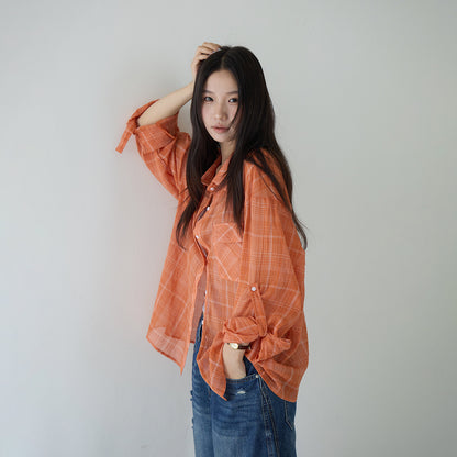 【LD11299】夏日活力維他命🍊薄款桔色格子防曬襯衫260714
