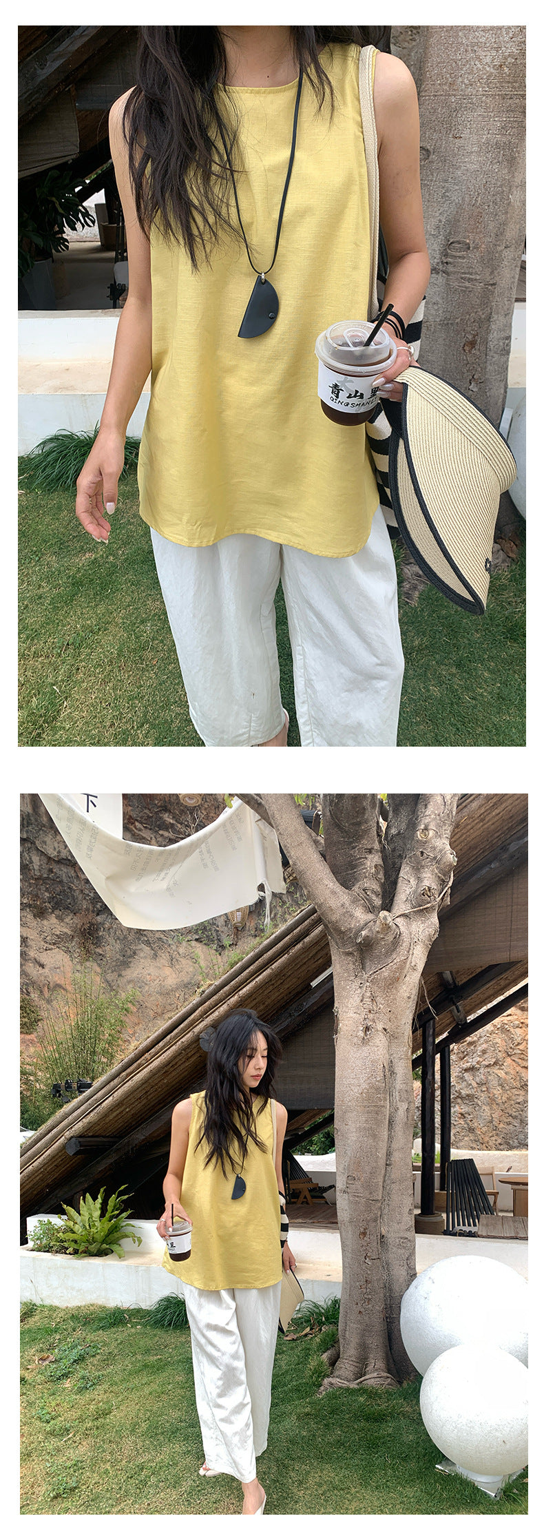 【H5188】實拍清新簡約棉麻後背鏤空寬鬆長上衣250415