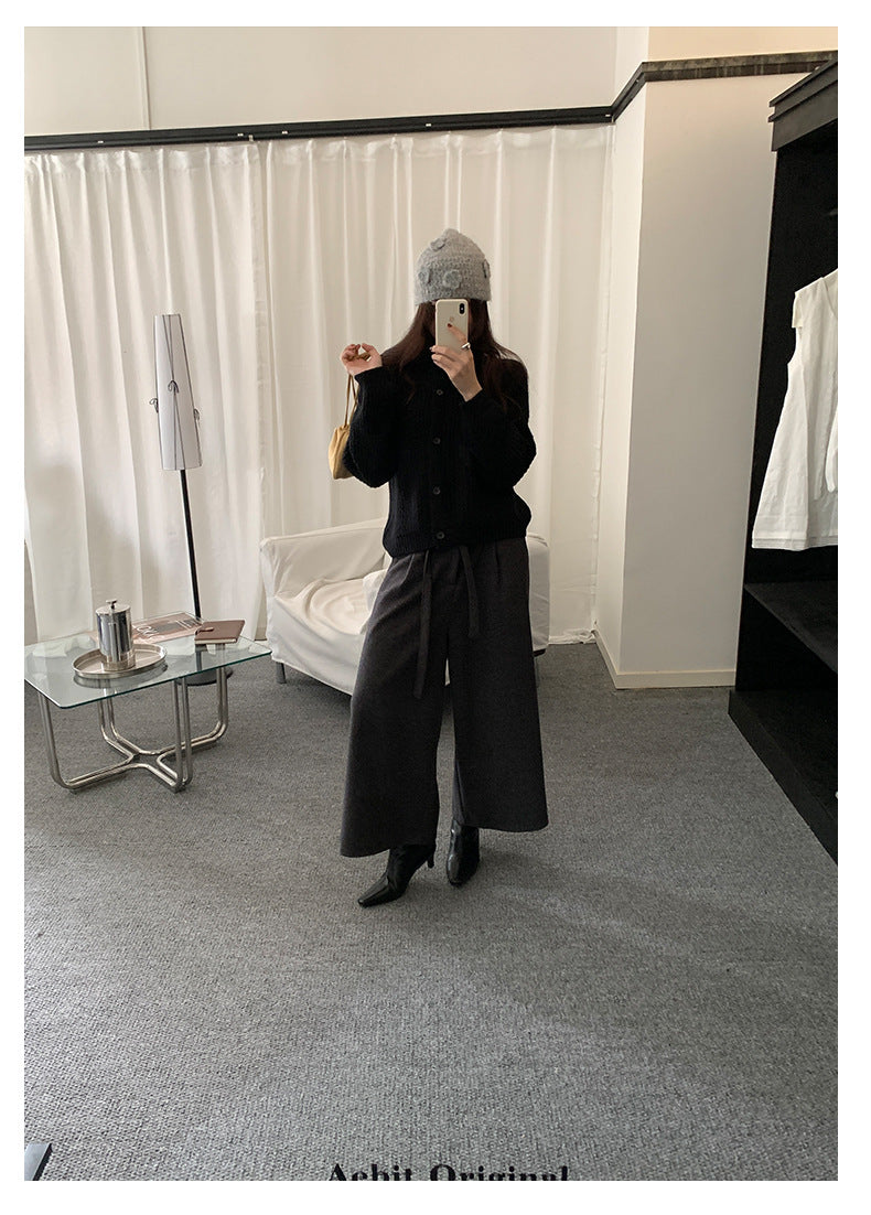 【H5491】實拍秋冬毛呢鬆緊腰加厚闊腿休閒褲251109