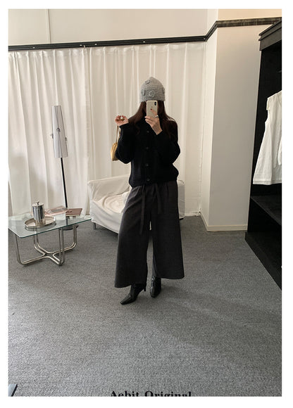 【H5491】實拍秋冬毛呢鬆緊腰加厚闊腿休閒褲251109