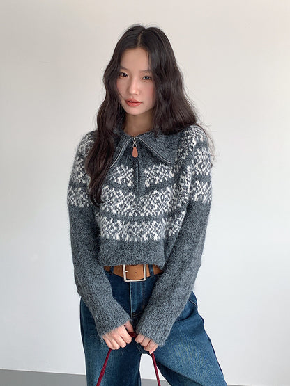 【LD11004】實拍兔絨毛混紡費爾島針織毛衣半拉鏈大翻領251110