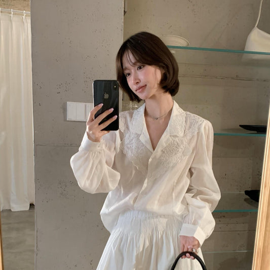 【LR90655】實拍imiss氣質百搭！法式刺繡花朵翻領長袖襯衫260305