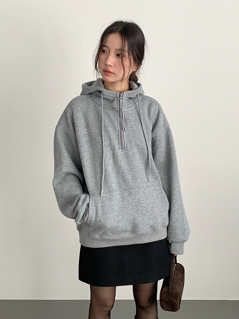 【LD11064】實拍慵懶灰色加絨加厚連帽寬鬆衞衣251209