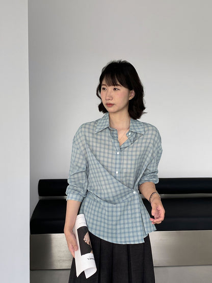 【cimz1978】 復古時髦・斜釦格紋純棉長袖後背縮腰襯衫260903
