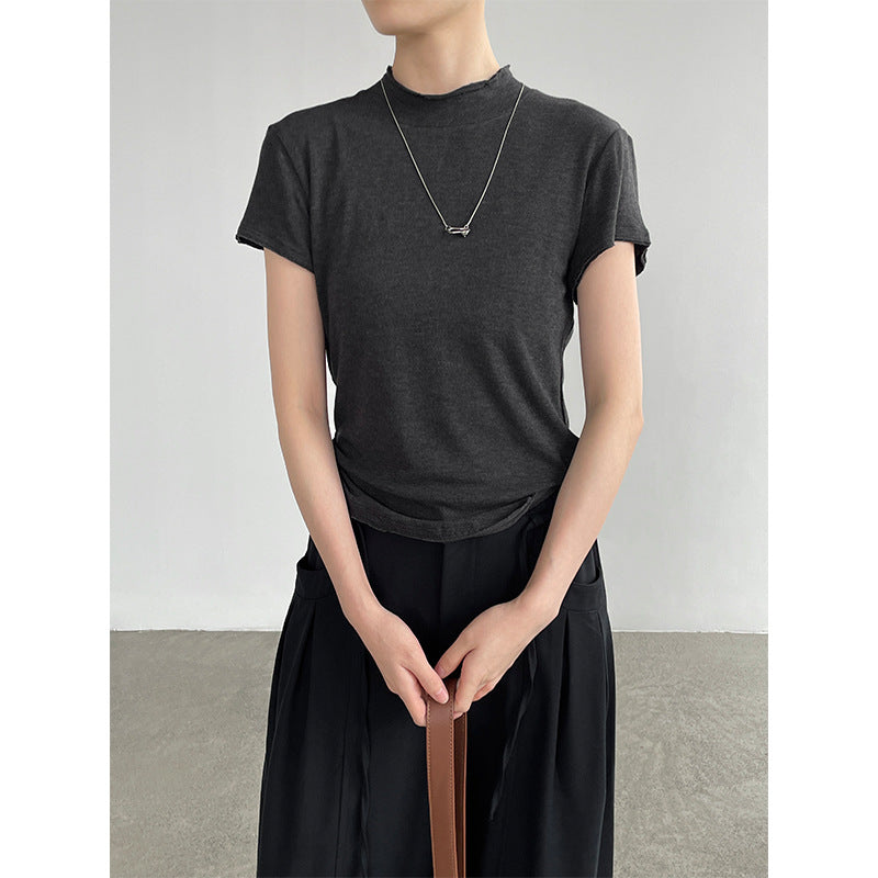 【cimH66207】極簡百搭・正肩半高領毛邊短袖t-shirt 260828
