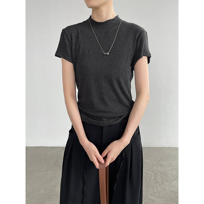 【cimH66207】極簡百搭・正肩半高領毛邊短袖t-shirt 260828