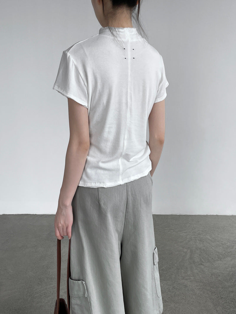 【cimH66207】極簡百搭・正肩半高領毛邊短袖t-shirt 260828