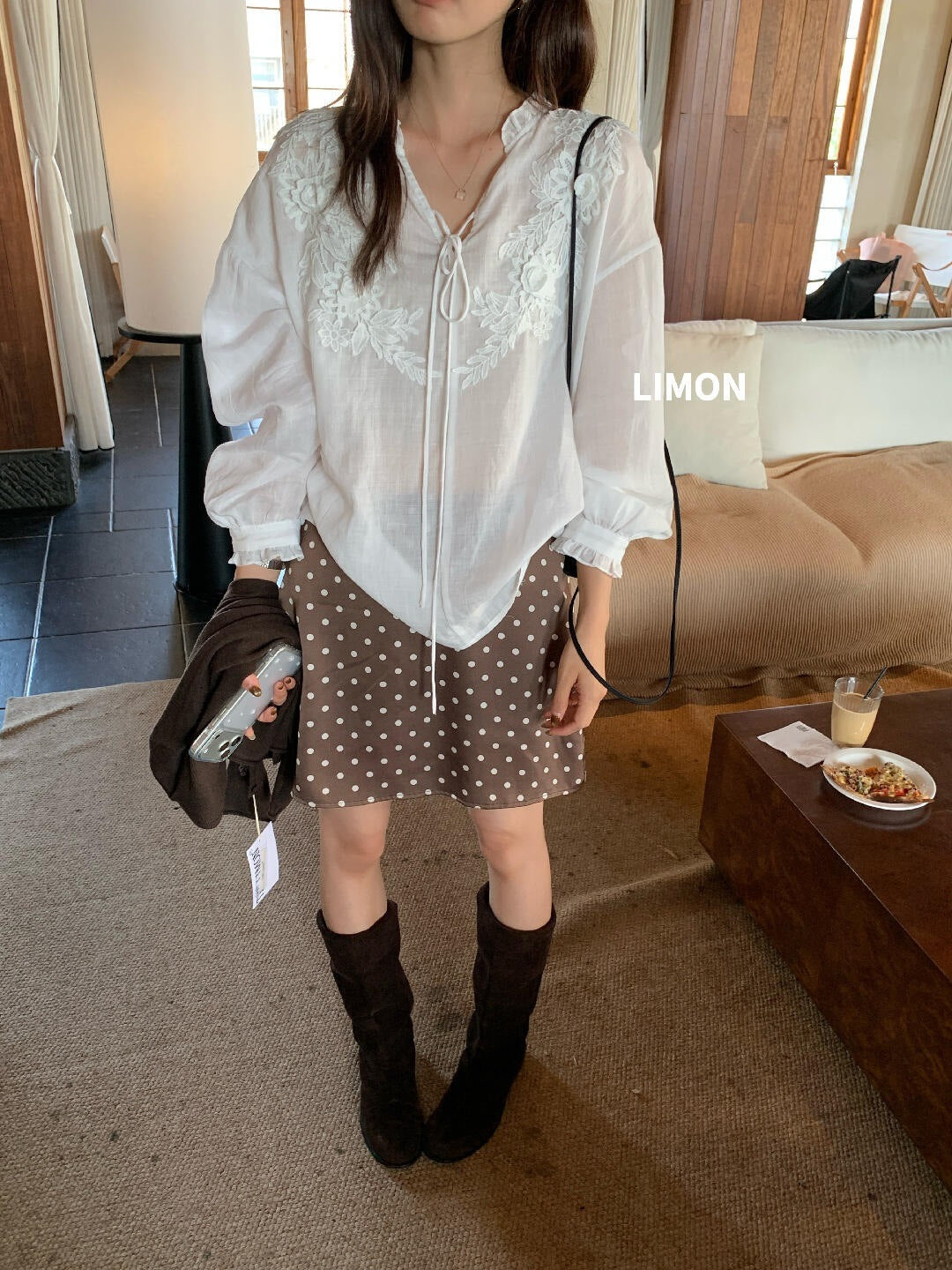 【L11165】檸檬家法式重工・提花寬鬆顯瘦V領長袖襯衫260831