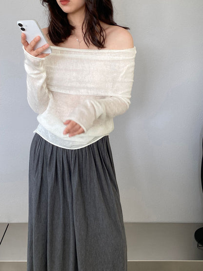 【cimzF632】微性感慵懶風💜羊毛10%一字肩顯瘦露肩長袖針織衫260319