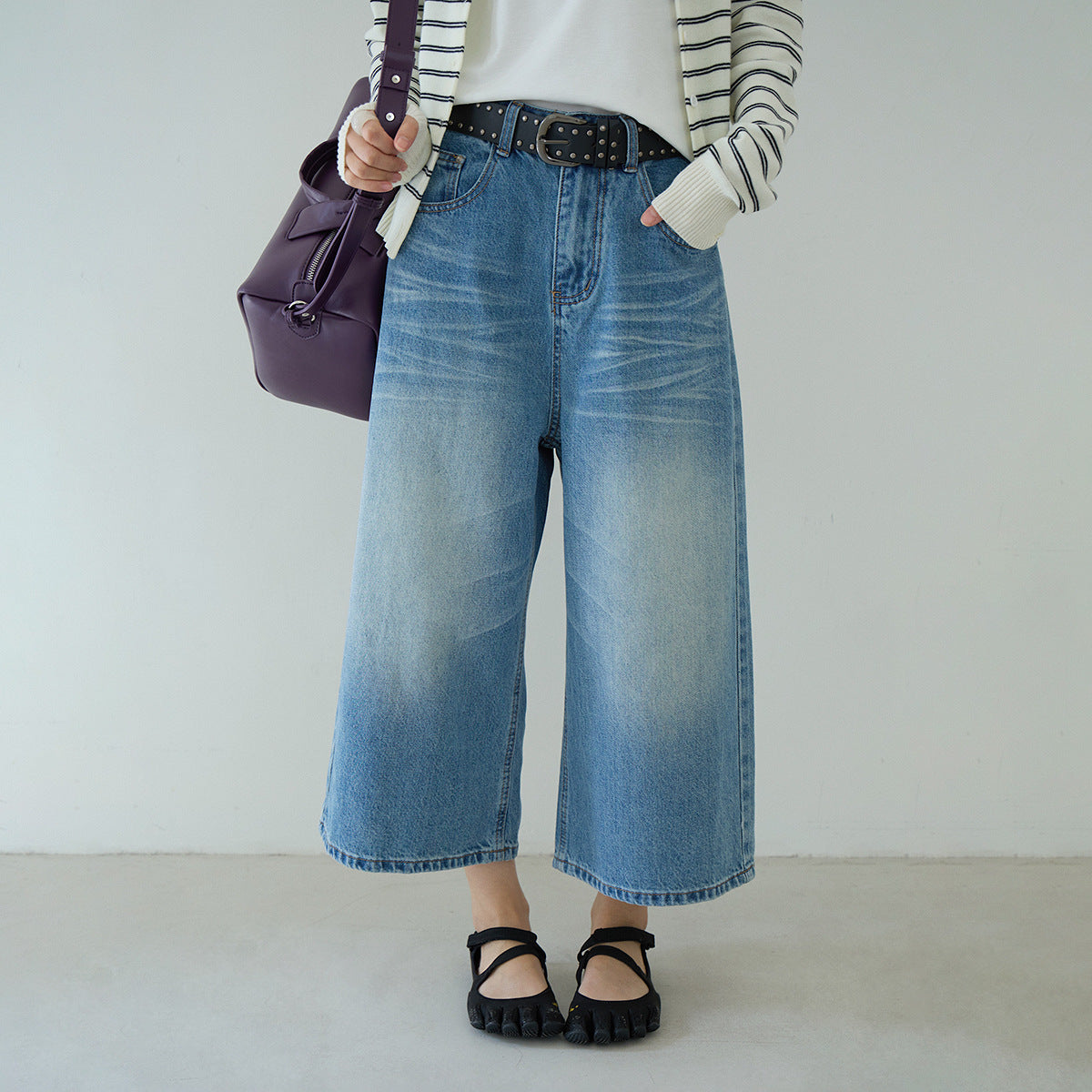 【LD11179】實拍S~XL美式復古時髦✨水洗藍刷破貓鬚寬鬆九分牛仔寬褲260317