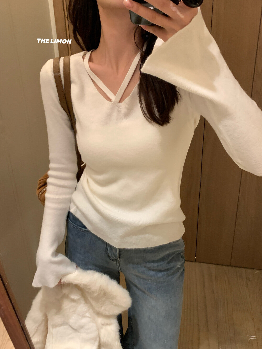 【L8368】實拍檸檬簡約羊毛羊絨喇叭袖長袖針織衫251117