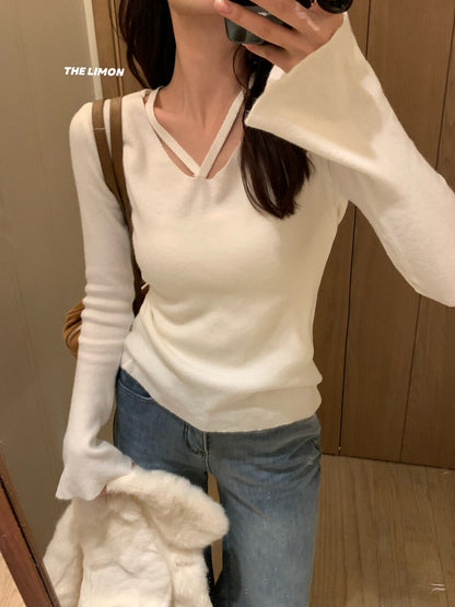 【L8368】實拍檸檬簡約羊毛羊絨喇叭袖長袖針織衫251117