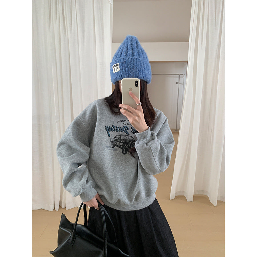 【H573】實拍美式汽車印花寬鬆圓領衛衣251021