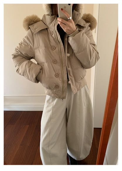 【H5501】實拍奶油風毛領連帽短款加厚棉服251118