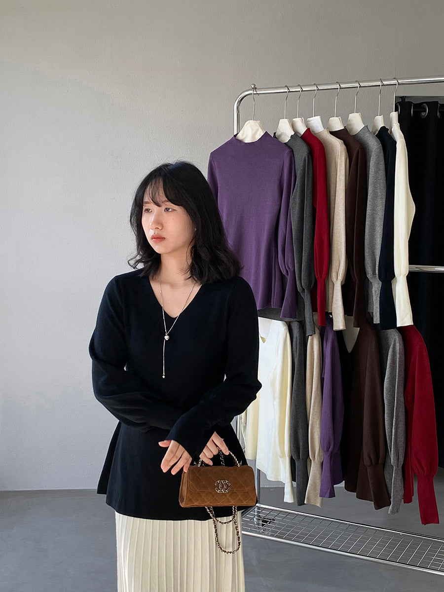 【cimz6652】實拍氣質半高領/V領燈籠袖極簡氣質針織衫251128