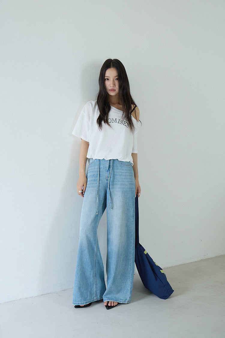 【LD11279】Y2K甜辣女孩🔥時髦單肩細肩帶字母印花假兩件露肩收腰T恤260519