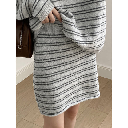 【YP6619】實拍復古條紋毛衣＋針織短裙(含羊毛6%)  套裝251023
