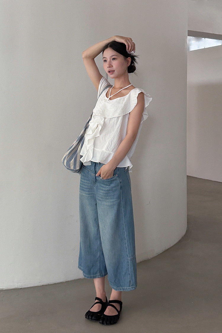 【LD11384】法式溫柔仙女系🌸不規則荷葉邊U領氣質無袖襯衫/背心260707