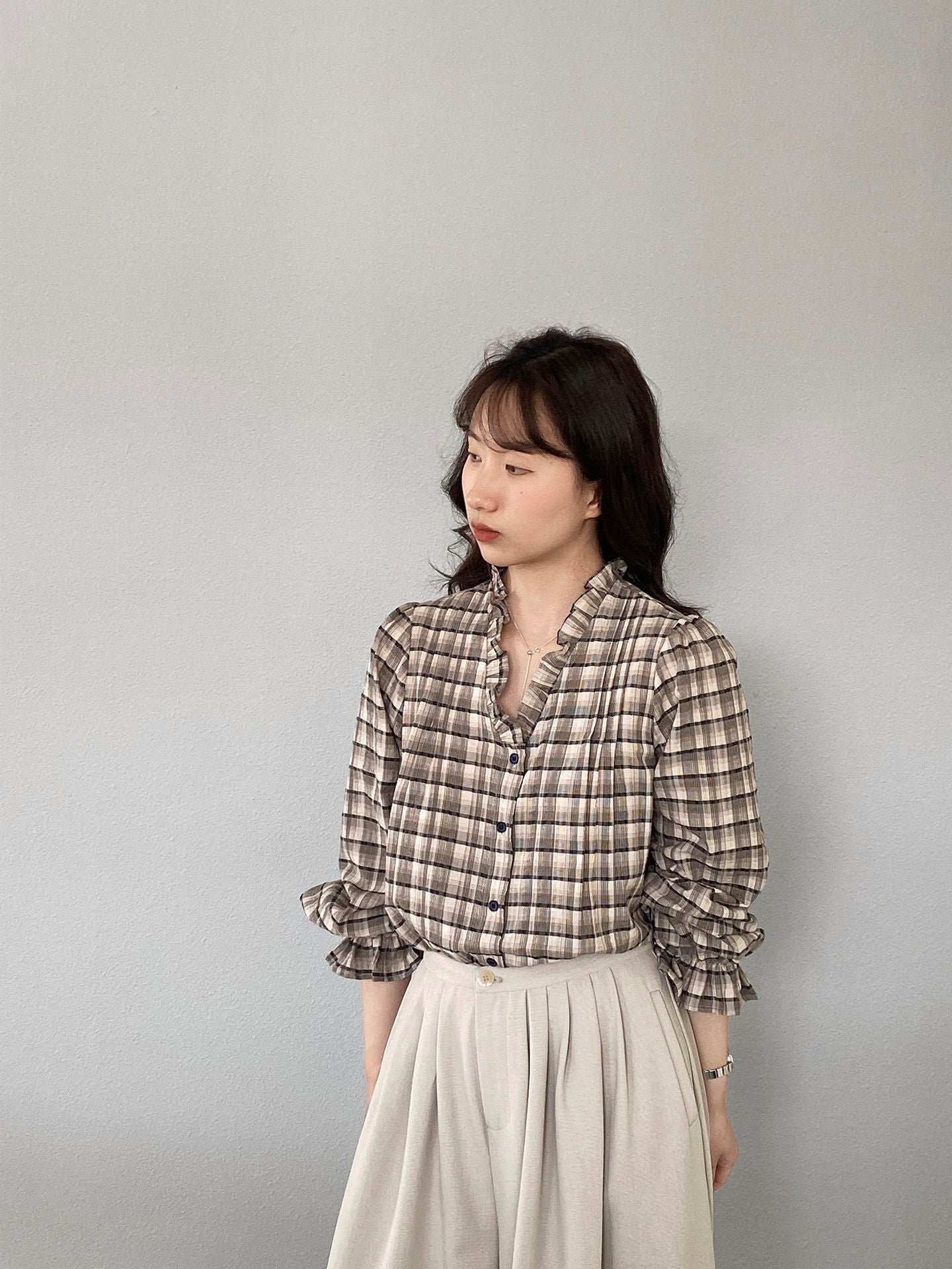 【cimz6509】復古浪漫主義🌹精緻木耳邊格紋長袖襯衫260319