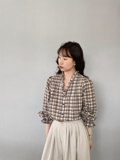 【cimz6509】復古浪漫主義🌹精緻木耳邊格紋長袖襯衫260319