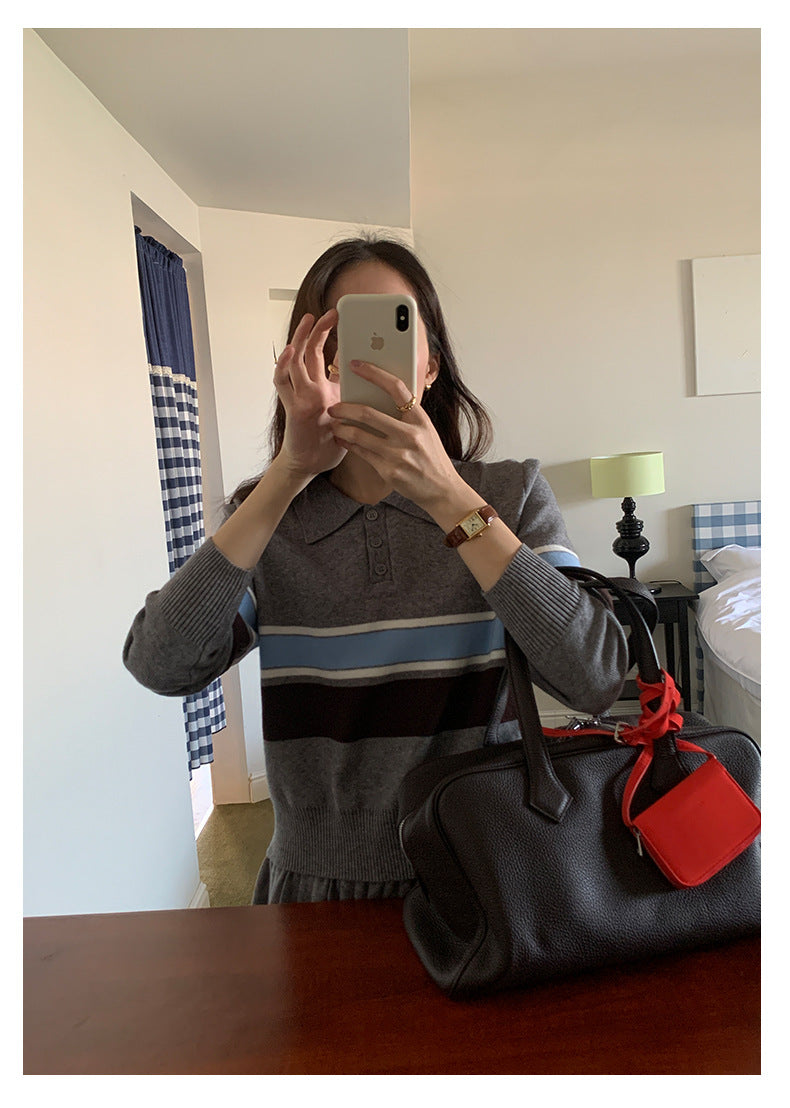 【H5518】實拍復古中性條紋針織衫＋針織百褶裙251125