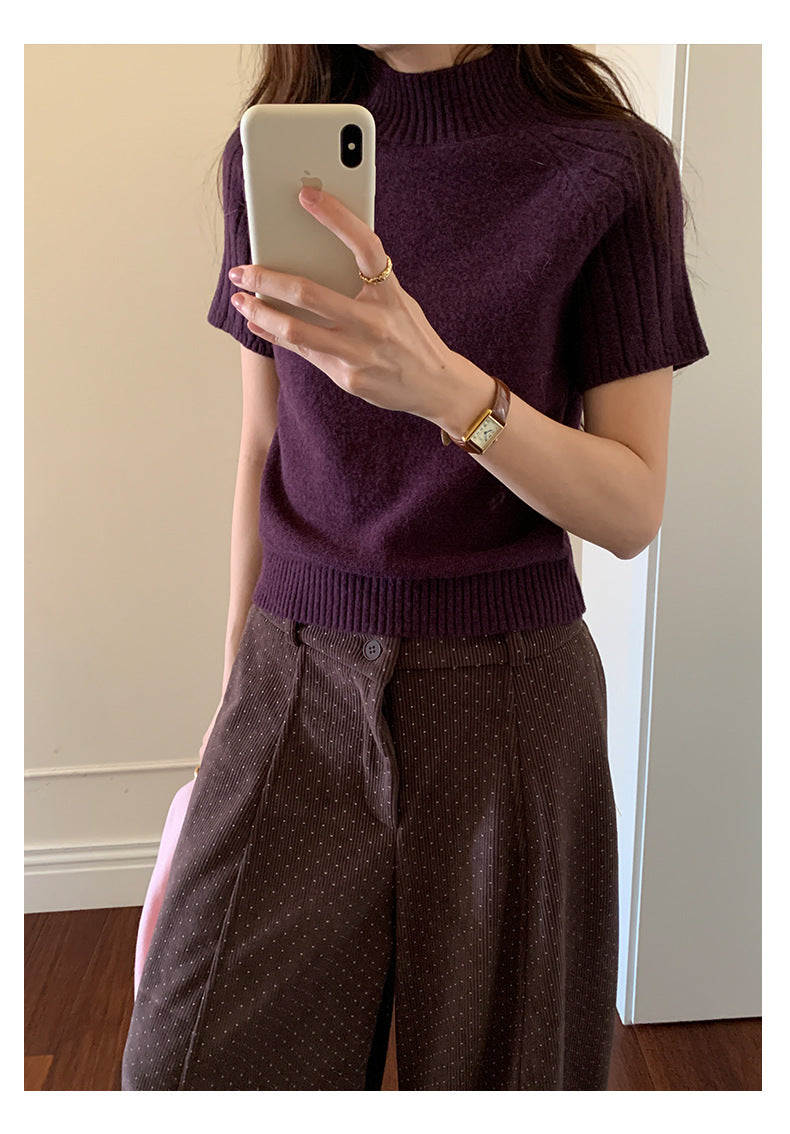 【H5516】實拍高領氣質短袖針織衫251125