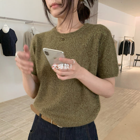 【L991236】實拍高單復古氣質軟糯短袖保暖針織毛衣（浣熊絨30＋羊毛10)
250923