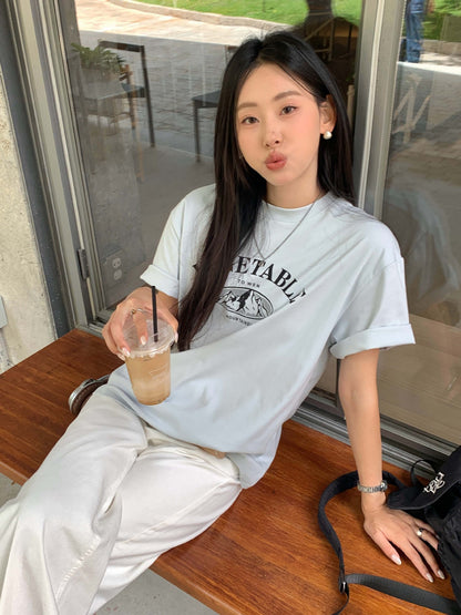 【H5203】實拍夏天美式印花棉質寬鬆圓領短袖T恤250422