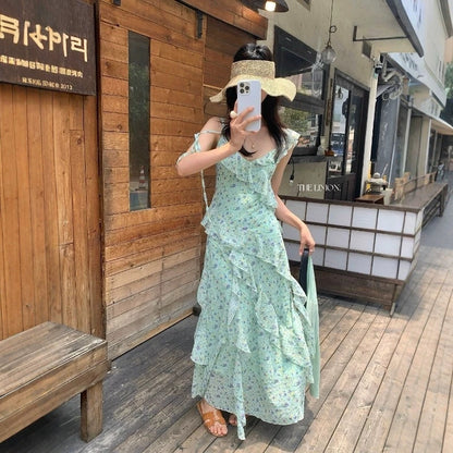 【L10702】法式溫柔仙女🌸氣質碎花收腰顯瘦不規則荷葉連身洋裝260610