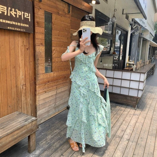 【L10702】法式溫柔仙女🌸氣質碎花收腰顯瘦不規則荷葉連身洋裝260610