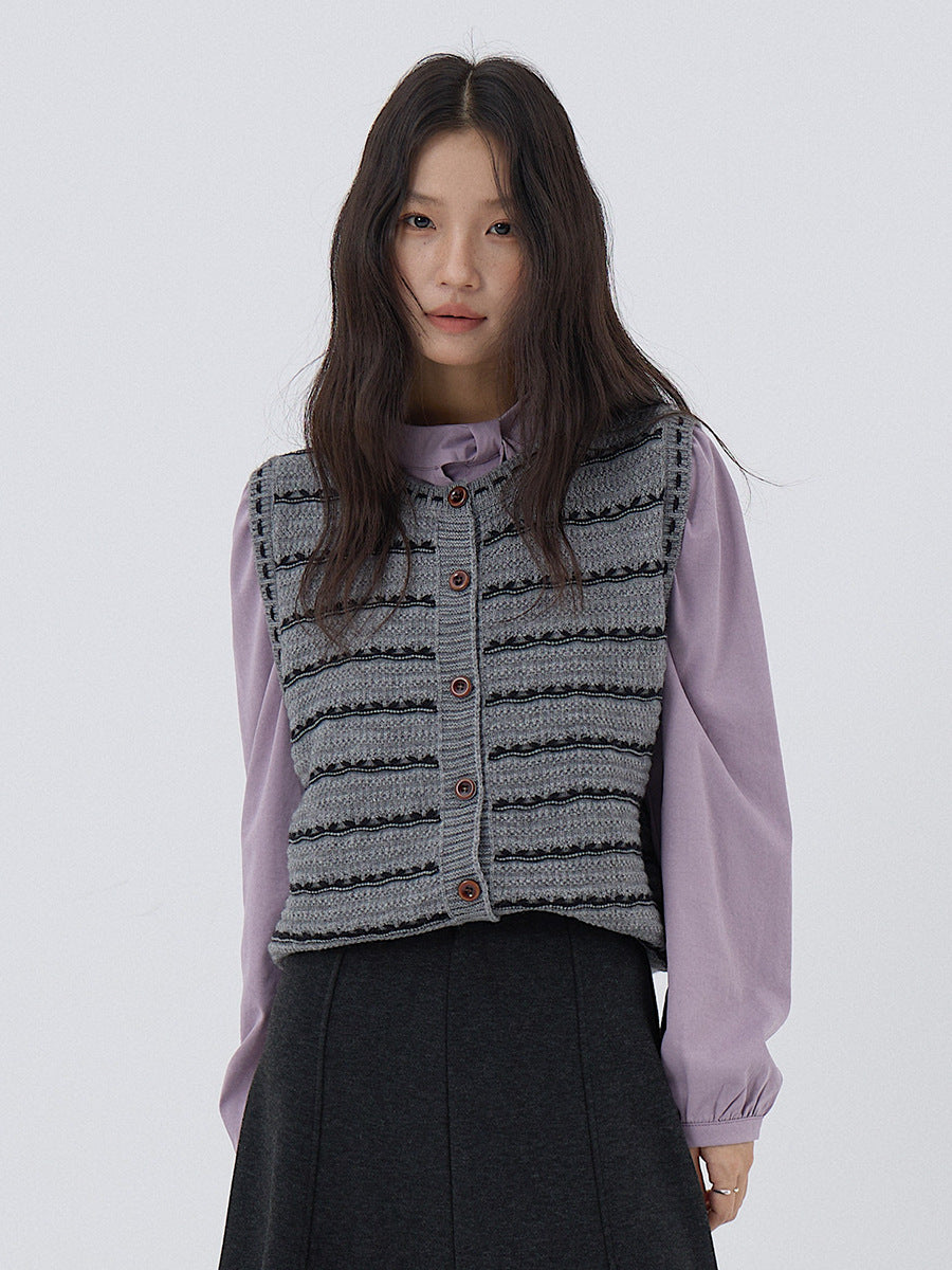 【LD3278】實拍小圓領長袖襯衫+條紋針織背心（分開下單）251103