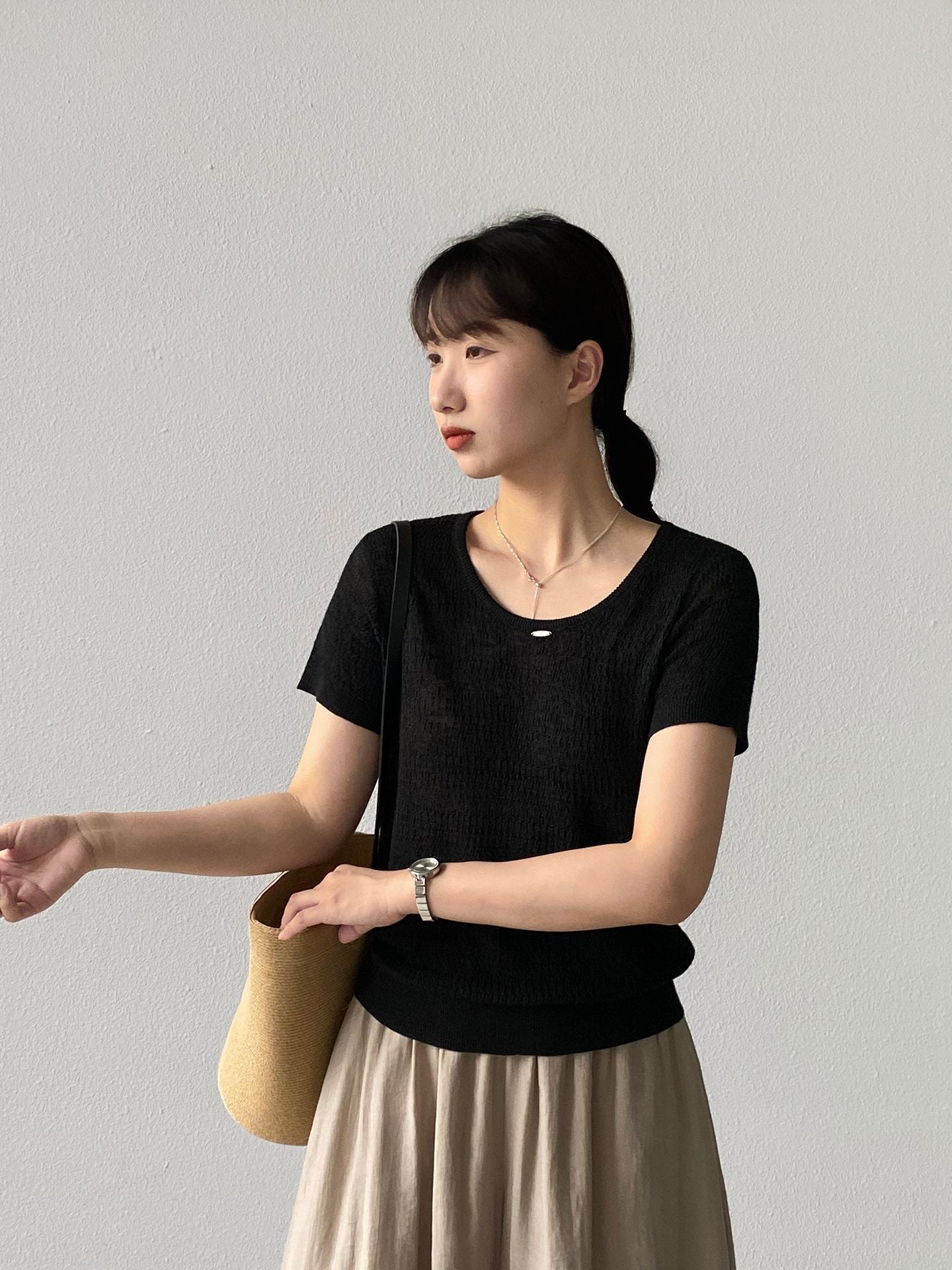 【cimzM8808】法式復古高智感☕氣質圓領亞麻天絲休閒短袖針織衫上衣260702