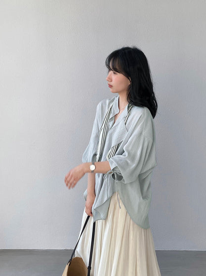 【cimz1766】實拍春日小蒼蘭🌸浪漫輕法式附絲巾綁帶寬鬆百搭襯衫260311