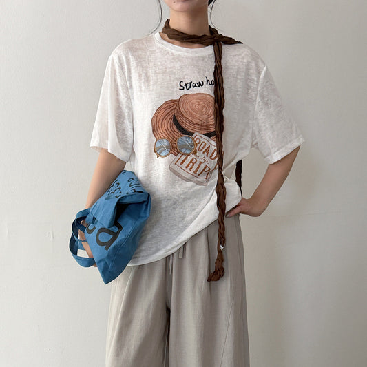 【LD11375】美式復古休閒風😎帽子印花寬鬆短袖天絲T恤+圍脖兩件套260707