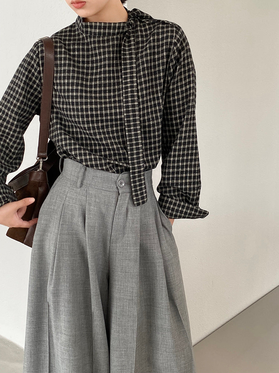 【cim1695】實拍法式磨毛領結氣質格子襯衫251030