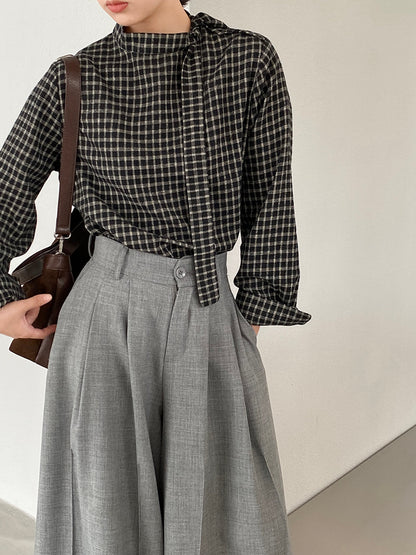 【cim1695】實拍法式磨毛領結氣質格子襯衫251030