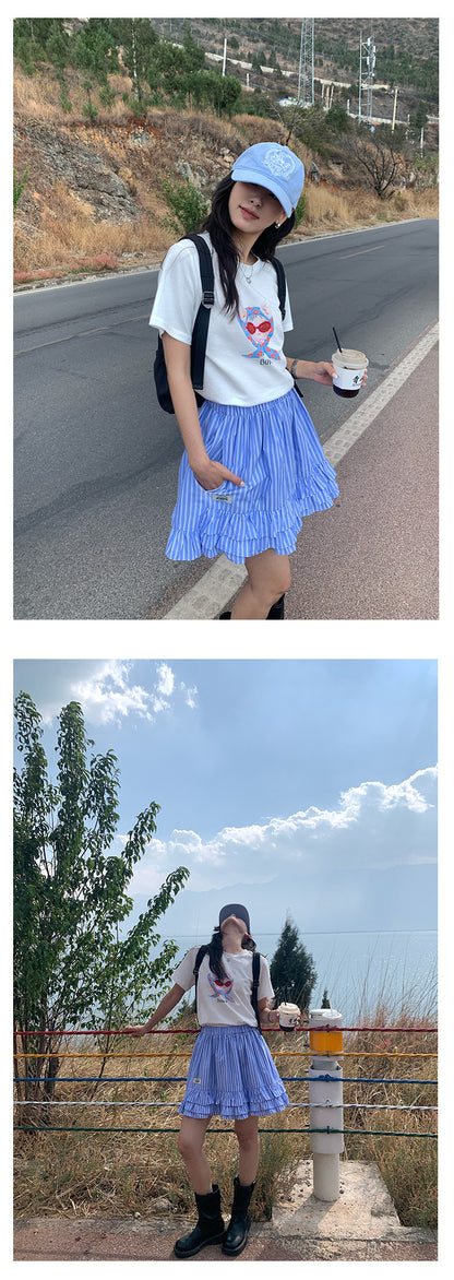 【H5195】實拍夏天帶一隻貓咪印花圓領短袖T恤250415