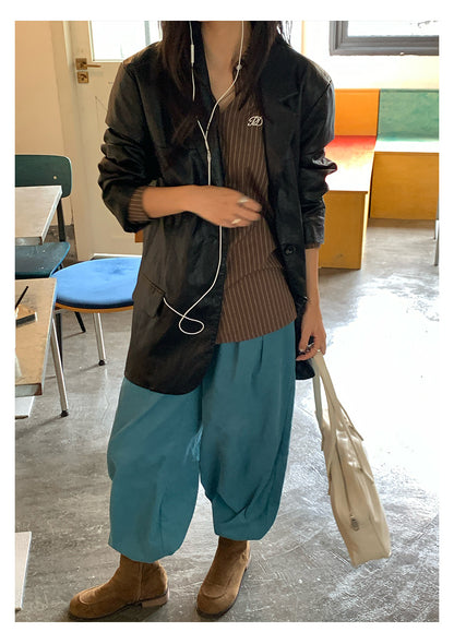 【H5398】實拍韓系高級感黑色皮衣西裝外套250902