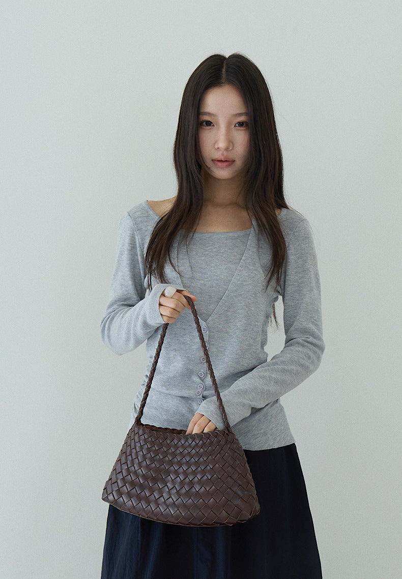 【LD11170】實拍韓系純慾微性感✨淡紫掛脖假兩件收腰顯瘦長袖針織衫260317