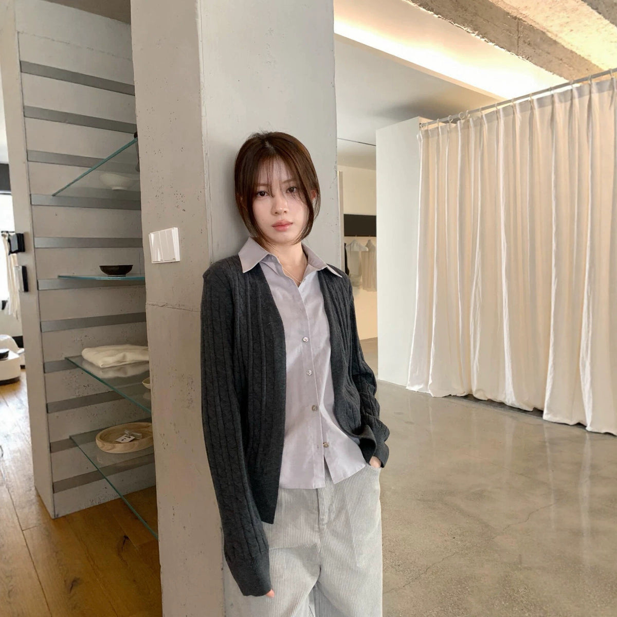 【LS01598】實拍IMISS都會簡約・假兩件翻領長袖針織衫261006