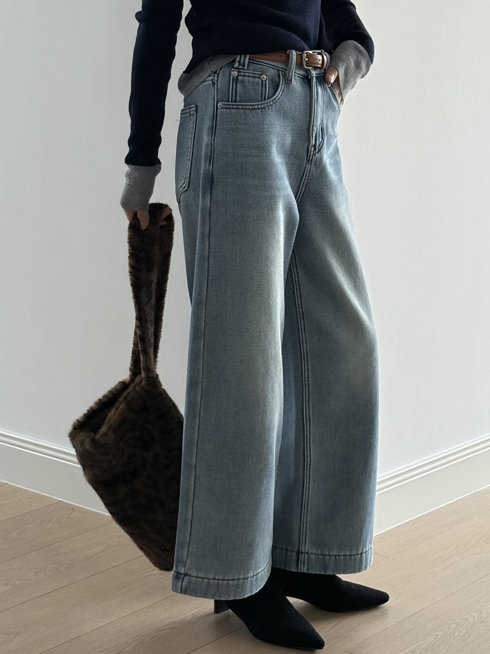 【Y981316】實拍S~XL冬季高腰加絨直筒牛仔褲含腰帶251106