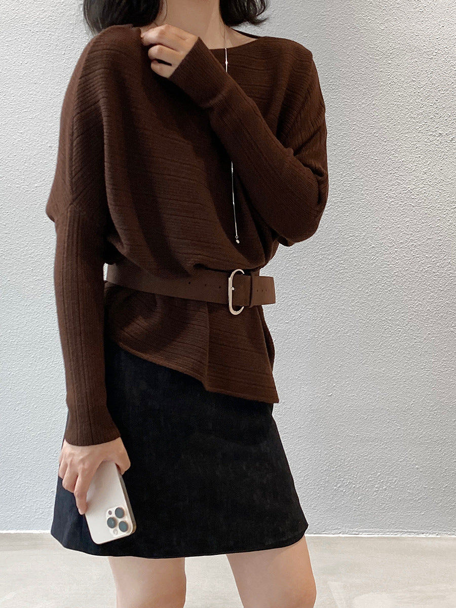 【cim9033】實拍韓系高級感長袖斜肩針織衫＋腰帶251030