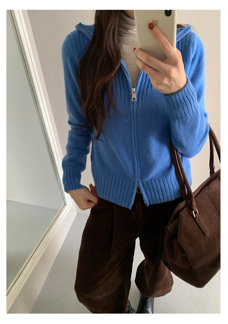 【H559】實拍個性雙拉鍊高領針織外套251021