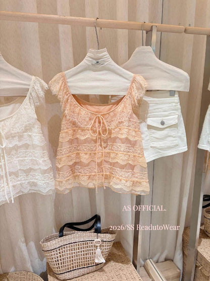 【L27010】韓系甜美純慾風🎀重工蕾絲多層荷葉邊綁帶無袖上衣260526
